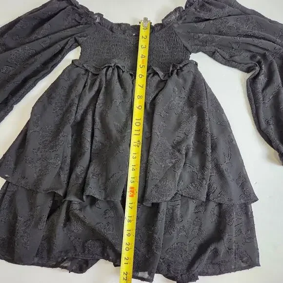 Altar'd State Black Flowy Layers Floral Embroidered Puff Sleeve XS Dress - Picture 5 of 8